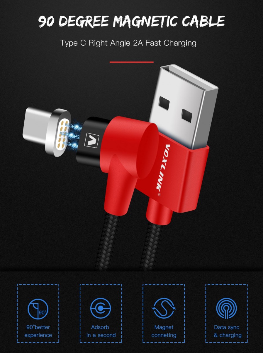 VOXLINK 90 Degree Magnetic Cable Type C Right Angle 2.4A Fast Charging Nylon USB Charger Cable for Huawei xiaomi Samsung LG-red