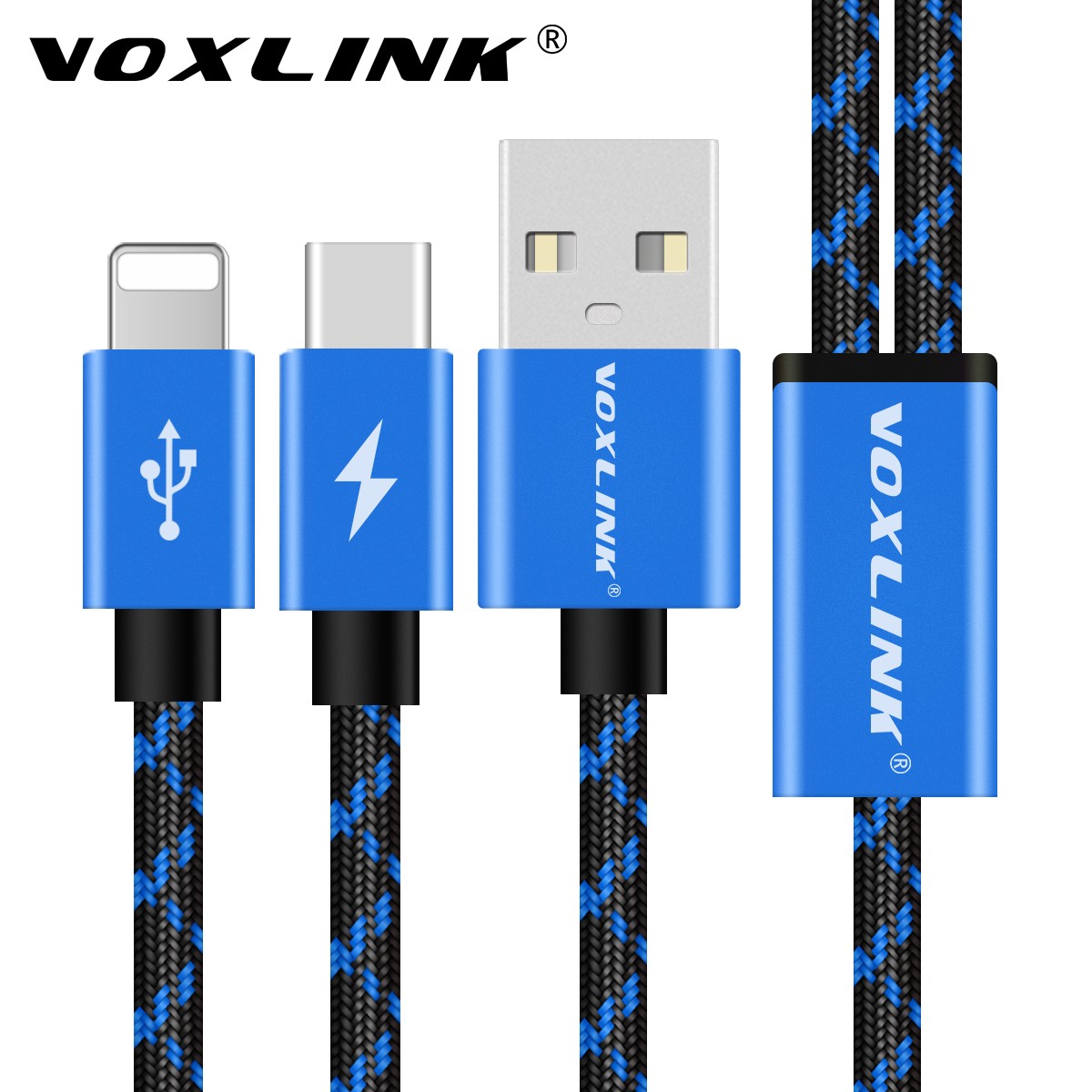 Voxlink 3 in 1 Multi Connector Cable Micro USB Type-C iOS Universal Interface Android iOS Compatible Durable Nylon Braided Charge Data Transfer Wire